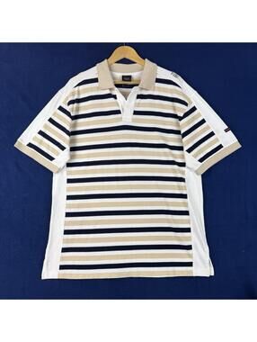 Y2K Fubu Collection Striped Rugby Polo Shirt Beige Size L Y2K Streetwear Hippop